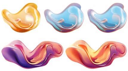 set of Plum and Gold color liquid 3d shapes, floating paint drops with gradient.