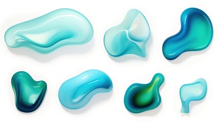 set of Royal Blue and Mint color liquid 3d shapes, floating paint drops with gradient.