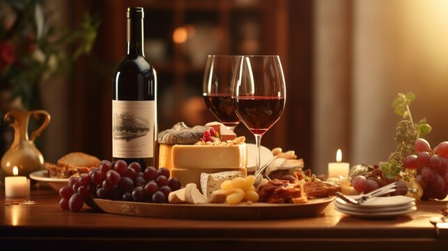 Elegant and Luxurious Restaurant Table with Foods and Wine
