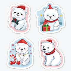 Cute Christmas Polar Bear Stickers Set Vector Illustration