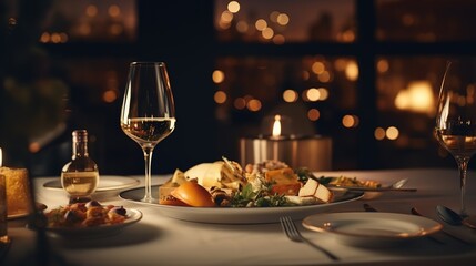 Elegant and Luxurious Restaurant Table with Foods and Wine
