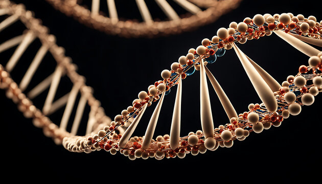 A large 3D rendered DNA double helix structure is surrounded by smaller molecules against a dark backdrop, scientifically visualizing genetic material and its intricate organization
