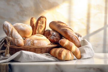 variety of bread in a basket on marble table in background of restaurant or bakery. Breakfast concept of light food and habit. - obrazy, fototapety, plakaty