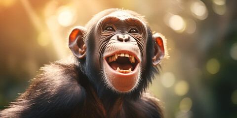 A chimpanzee displaying a range of emotions a humorous monkey with animated expressions The monkey expresses emotions Funny monkey with open mouth and blur bokeh lights background Ai Generative