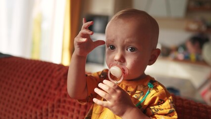 a small newborn sits on the couch with a pacifier in his mouth. happy family childhood dream...