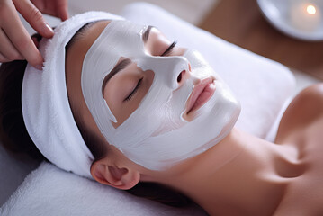 Spa Relaxation: Close-up of the face of a young woman wearing a white cosmetic mask
