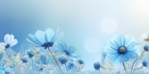 Elegant blue flowers bloom against a gentle blue sky-like backdrop