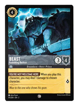 Hamburg, Germany - 10312023: macro photo of the English Ravensburger trading card called Beast Forbidding Recluse from the Disney lorcana rise of the floodborn set on white paper background.