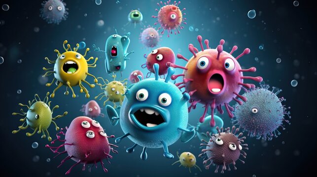 Strange, monster-like characters in the form of spiky balls represent viruses flying in the air. Virus infection concept