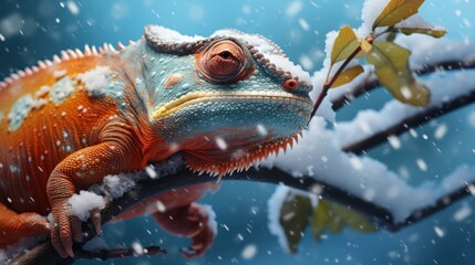 Happy chameleon rejoices in first snow.