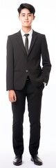 full body view of young teenager asian male wearing business suit . white background . generative ai
