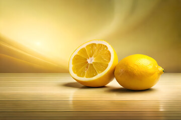 Limone giallo in primissimo piano. Lo sfondo giallo oro si accorda con il soggetto in primo piano rendendo l'immagine cromaticamente omogenea. Still Life di elemento naturale.