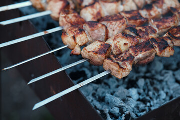 Lots of metal skewers with meat cooking on coals. Cooking pork barbecue.