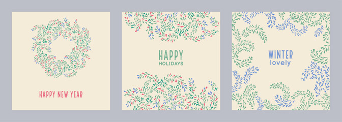 Set of holiday, winter, Christmas, New Year cards with a hand drawn  Christmas wreath and unique floral ornament. Vector illustrations of printing, poster,  invitation, greeting cards.