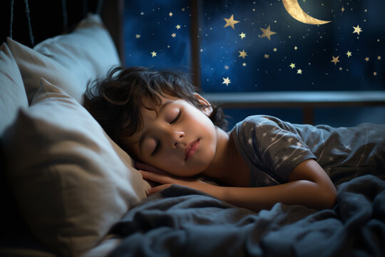 A little indian child sleeps in bed on a blue stars background, in his room. Sweet, restful dreams