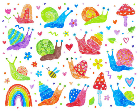 Cute funny colorful snails, mushrooms, flowers, hearts.  Doodle drawing by hand with colored pencils. Drawings with crayon.  Summer happy hand drawn elements.