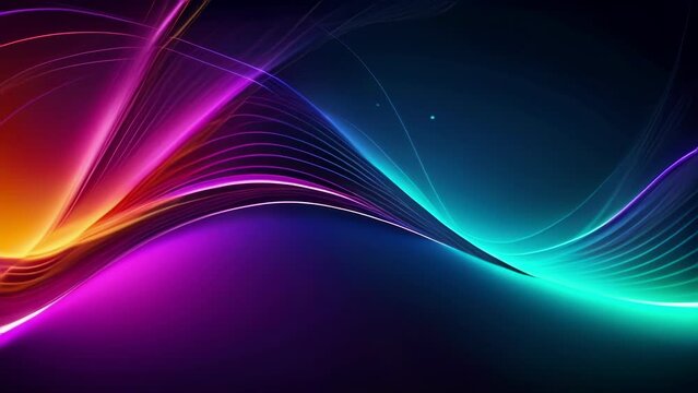 Seamless loop of neon bright abstract wavy lines slowly flowing on dark background