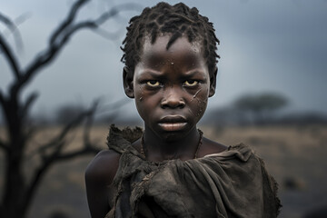 Young boy with intense gaze, dry landscape. The concept of survival in harsh conditions.