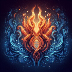 Orange and blue abstract flame. Twin flame logo. Esoteric concept of spiritual love. Illustration on black background for web sites, wallpapers, and much more. Created using generative ai tools