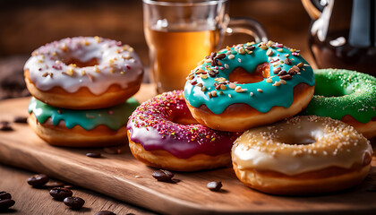 An assortment of frosted donuts in varied colors line up on a wooden table against a gradient backdrop, invitingly presented alongside coffee as a tasty treat