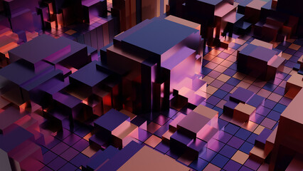 Abstract tech wallpaper featuring sleek glossy blocks in violet and orange hues, with a futuristic vibe