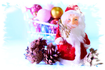 Santa Claus and New Year's Christmas toys in magical frost snow window