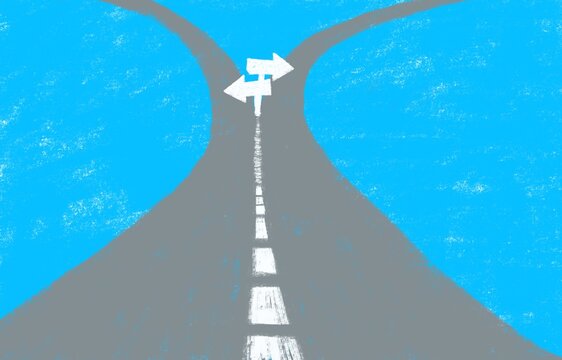 青空のなかに走る道路が2つに分かれその分岐点に矢印があるイラスト