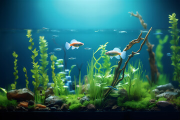 Fototapeta na wymiar Swamp underwater scene with plant and fishes