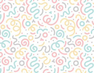 Abstract doodle design with hand drawn colorful shapes, lines. Simple childish scribble background with bright cute elements. Contemporary trendy vector backdrop. Fun minimal pattern in girly colors 