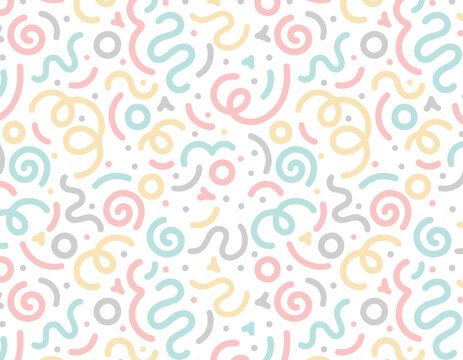 Abstract doodle design with hand drawn colorful shapes, lines. Simple childish scribble background with bright cute elements. Contemporary trendy vector backdrop. Fun minimal pattern in girly colors 
