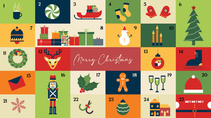 Advent banner calendar for Christmas celebration. Merry Christmas icon, holiday gifts, bell, christmas tree, nutcracker, festive icon.