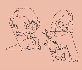 Abstract face with butterfly by one line drawing. Butterfly Line Art. Portrait minimalistic style.  Botanical print. Nature symbol of cosmetics. 
Fashion print. Beaty salon art