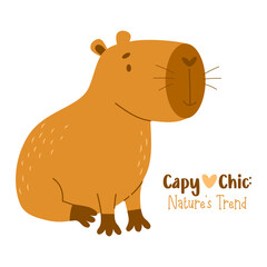 Cute capybara animal character rodent. Vector illustration in flat style for cards, design, t-shirt design, print, kids collection.