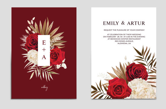 Boho red wedding invite, save the date card template set. Rose flowers, dry Hydrangea, palm branch, pampas grass, white leaves bouquet frame border. Chic winter editable watercolor vector illustration