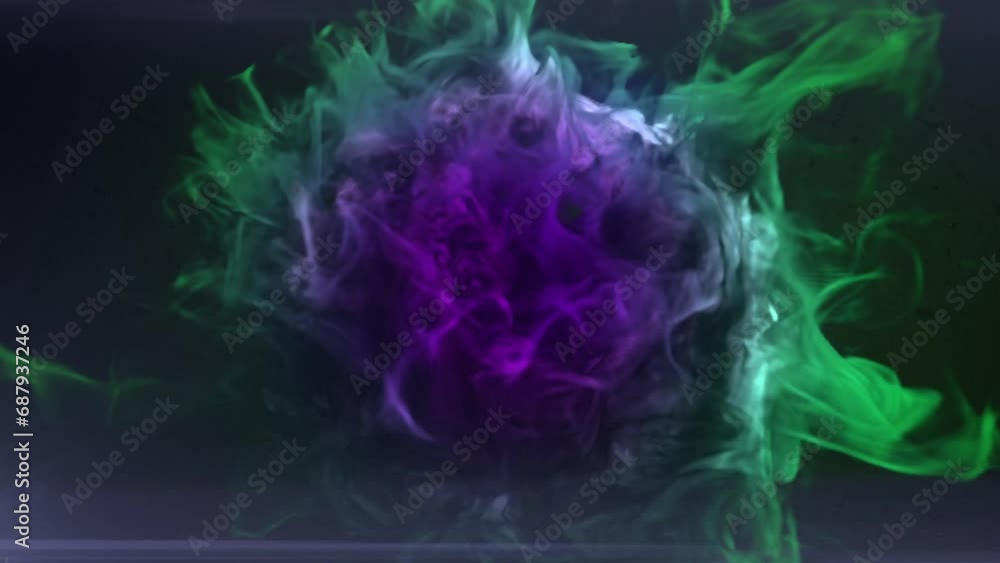 Poster A bright and colorful explosion with intertwining swirls of green and purple smoke. The composition is artistic and abstract. Digital seamless loop animation. 3d rendering. 4K, Ultra HD resolution
