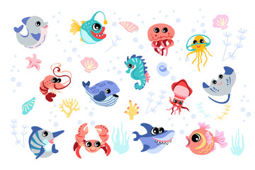 Set with hand drawn marine life elements. Vector doodle cartoon set of sea life objects for design. Colorful sea animals