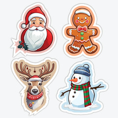 Cute Cartoon Christmas Stickers Set Vector Illustration