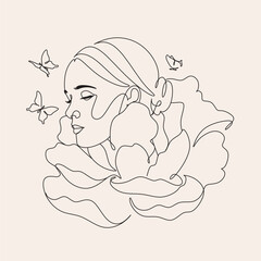 Abstract face with butterfly by one line drawing. Butterfly Line Art. Portrait minimalistic style.  Botanical print. Nature symbol of cosmetics. 
Fashion print. Beaty salon art