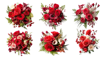 Fotobehang Collection of PNG. Red rose and eustoma flowers isolated on a transparent background. © morepiixel