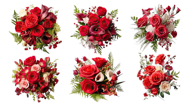 Fototapeta Collection of PNG. Red rose and eustoma flowers isolated on a transparent background.