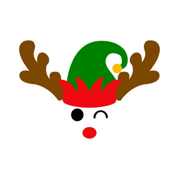 Tiempo de Navidad. Logo con silueta de reno Rudolph con sombrero de elfo de Santa Claus, hocico rojo, astas y guiñando un ojo para tarjetas y felicitaciones	