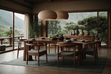 Elevated Dining Elegance: Mountain View Zen Style Dining Room