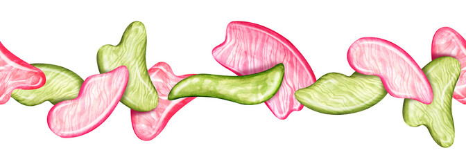 Seamless banner, border Rose quartz scraper, jade, jadeite for Gua Sha massage. Scraper and roller made of natural stone of various shapes. Beauty skin care tool, watercolor illustration for spa