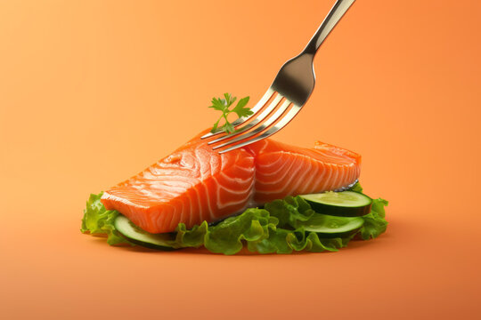 Fresh piece of raw salmon on green lettuce leaf and cucumber pieces with fork isolated on orange empty background with space for text, logo.generative ai