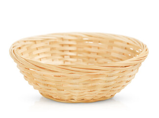 woven bamboo bowl is highlighted on a white background with shadow and reflection