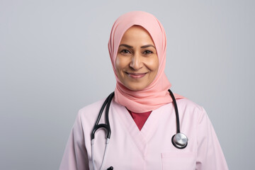 Portrait of muslim woman doctor with head covering, stethoscope around neck looking straight to camera with blank space for text isolated on gray background.generative ai