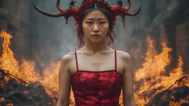 Asian Woman In The Flame Background Very Cool