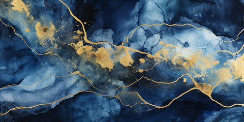 abstract background, blue spots with gold veins, texture of alcohol ink in blue and gold color