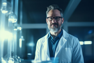 Middle aged senior professional man or doctor in white coat on laboratory or hospital background, blue tones.generative ai - obrazy, fototapety, plakaty