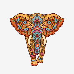 Elephant mandala retro. Vector illustration. Flower Ethnic drawing. Elephante animal nature in Zen boho style. Coloring page, hippie, eastern style
